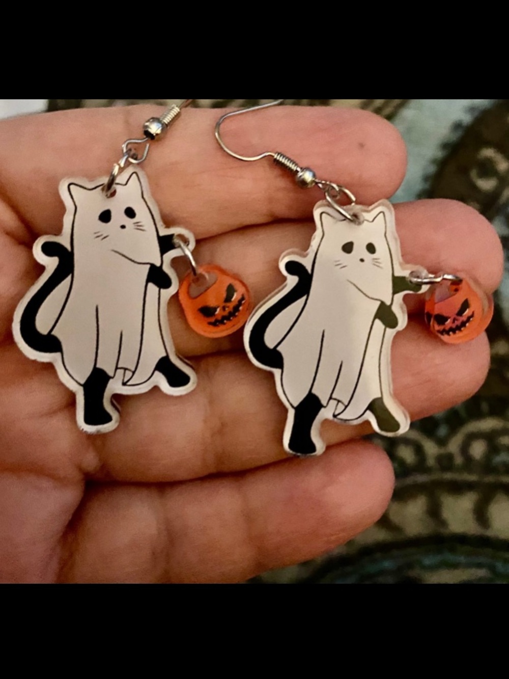 Ghost Cat Dangle Earrings with Orange Pumpkin Charm